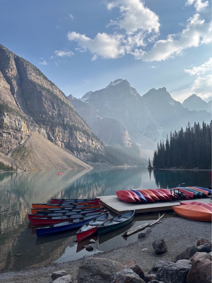 Canoes on Moraine Lake in the Rockies